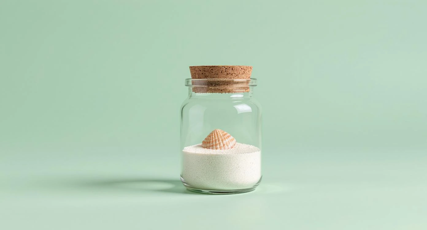 Glass jar with seashell and sand representing recovery and resilience after natural disasters